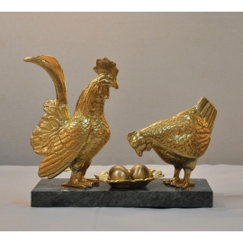 雕塑擺飾 (y15069  鬥雞對金黃色(加蛋) 銅雕動物)*